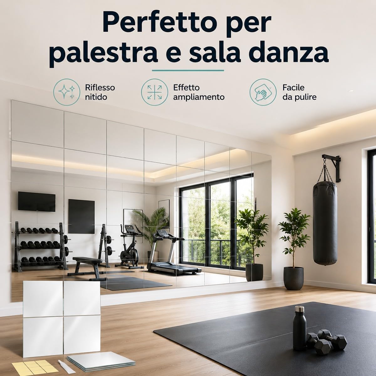 Specchio da Pavimento Grande a Figura Intera 4 Pezzi 30x30cm, Specchio Palestra Adesivo Anti-Rottura Ultraleggero Moderno per Casa, Palestra e Yoga