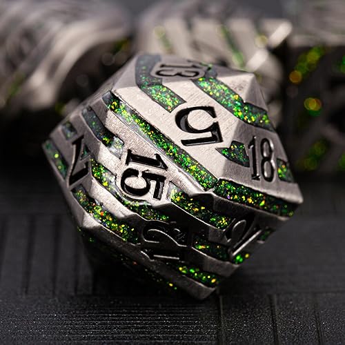 Maywin Juego de dados de metal a rayas D&D, 7 dados de metal sólido con purpurina con caja de regalo, juego de dados poliédricos RPG para juego de