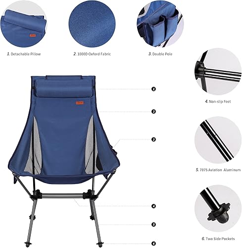 Miniatura 4 de TOBTOS Silla de campamento de respaldo alto, silla plegable ligera con soporte para la cabeza, silla compacta con bolsa de transporte para