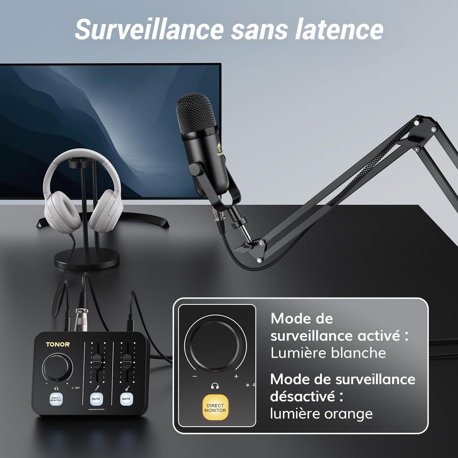 TONOR Ensemble D'équipements de Podcast, Mixeur Audio avec Micro Dynamique ou Perche, Microphone XLR avec Interface Audio de Studio, Pack tout-en-un pour Podcasting, Streaming, Enregistrement POD-1