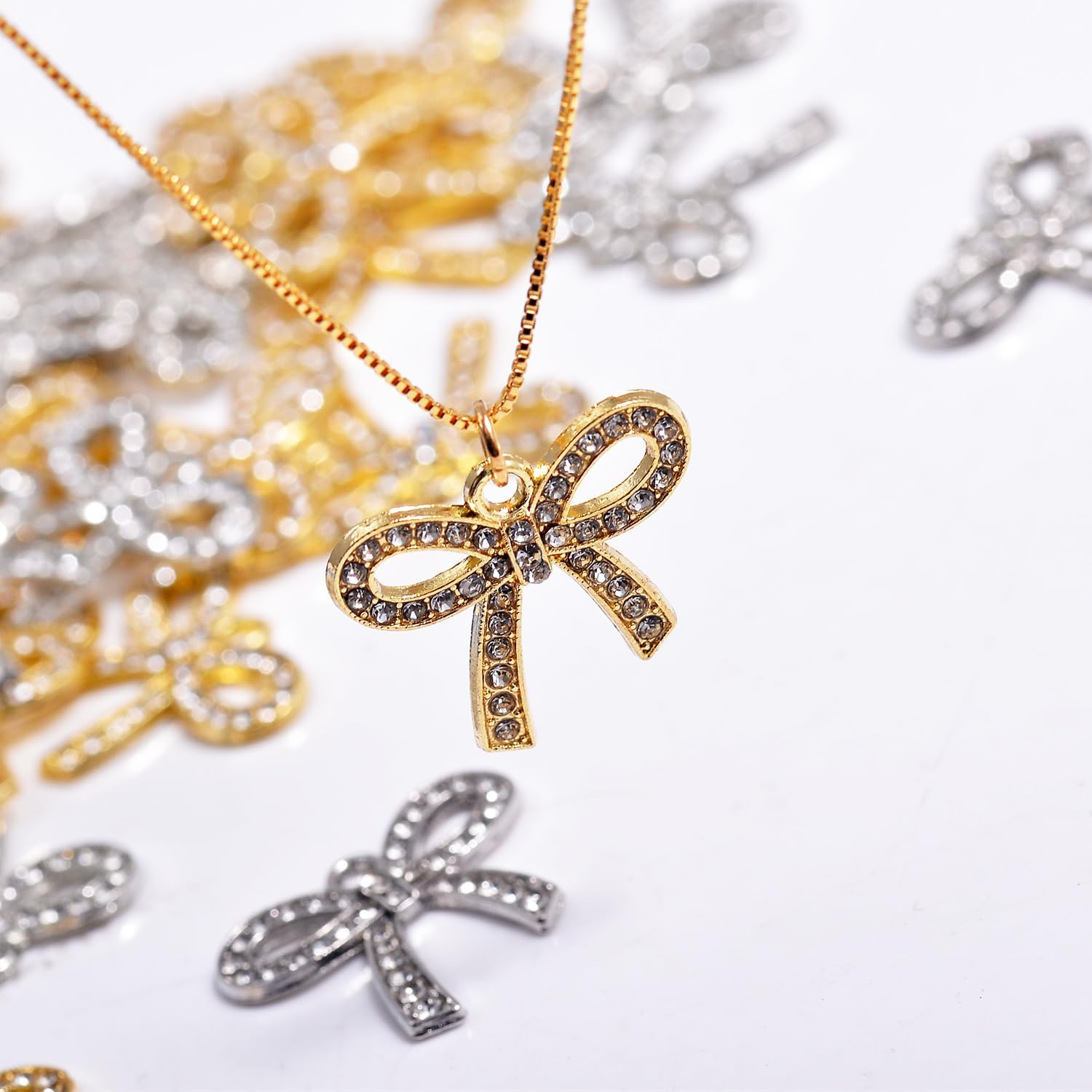 40/60PCs Metal Enamel & Rhinestone Bow Charms for Jewelry Making, Silver & Gold Plated Bow Charms for Bracelets Keychains - Image 6