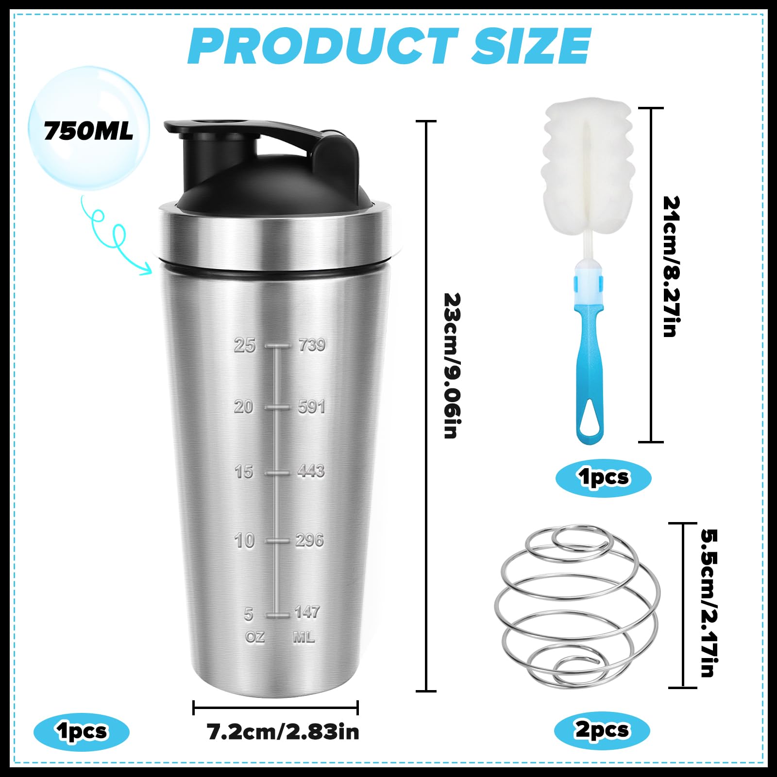 Shaker Acero Inoxidable, 750 ml Shaker Proteinas, con Bola Agitadora y Cepillo de Taza, Doble Mezcla, Escalas Interior y Exterior, Coctelera Proteinas Para Fitness, Ciclismo, Regalos, Plata