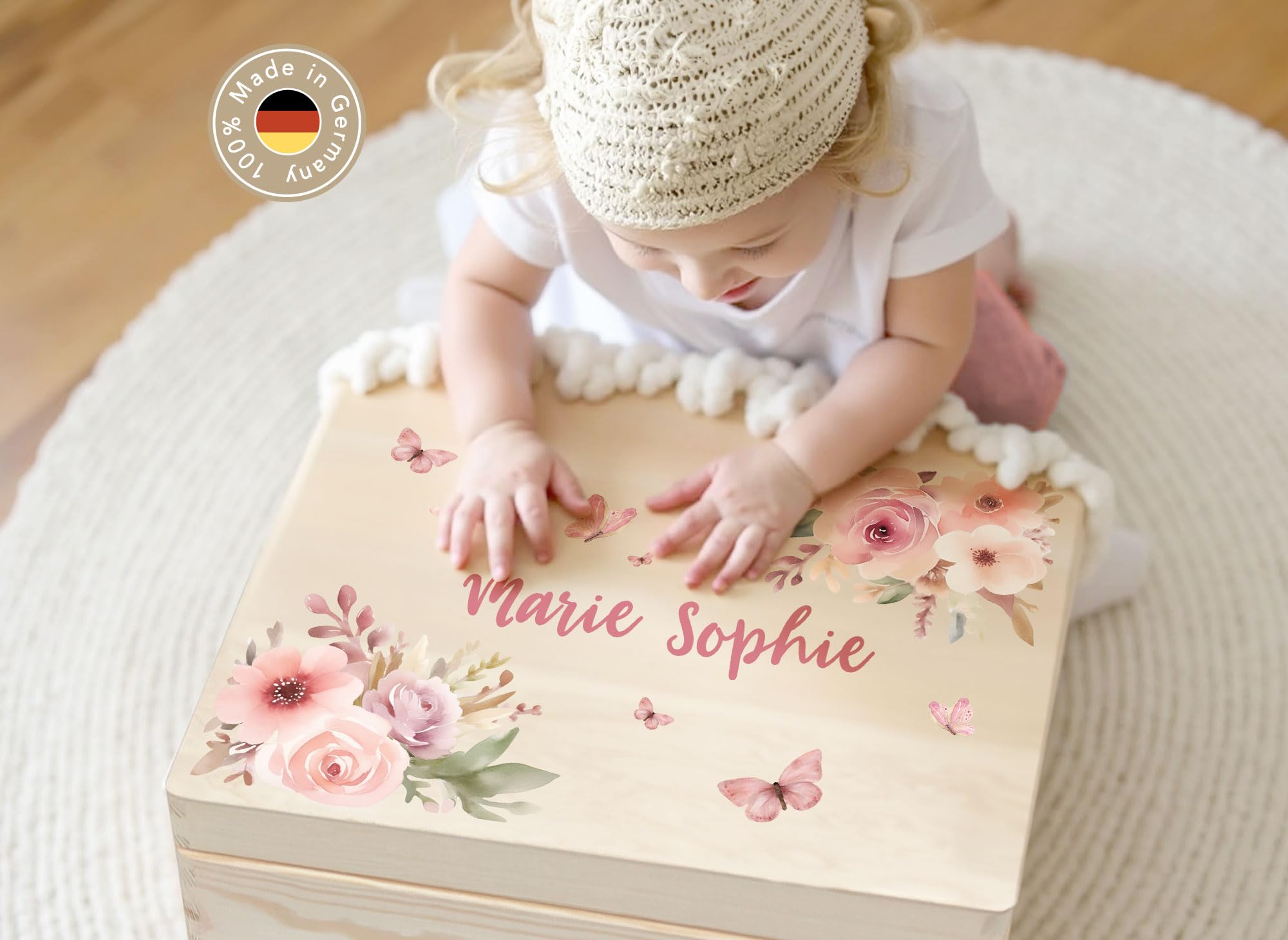 Little Deco Baby Erinnerungsbox personalisierte Holzkiste, Aufbewahrungsbox mit Namen, Blumen Schmetterlinge, Geschenk zur Geburt & Taufe, Geburtstag für Mädchen XHL1148-1-L