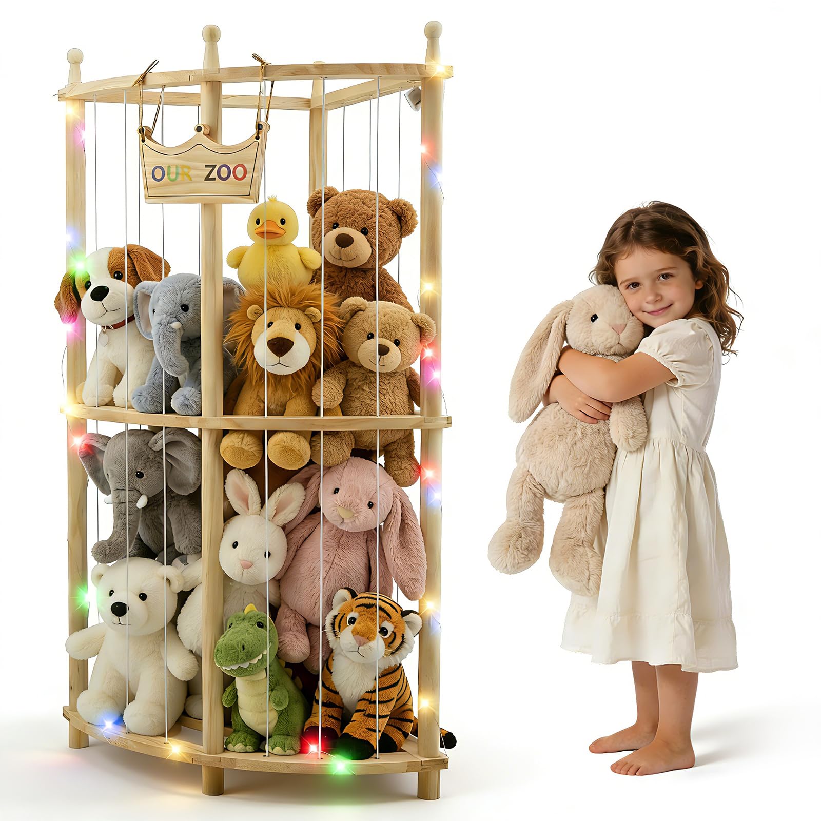 Ecke Kuscheltier Aufbewahrung mit Lichterketten,Doppellagig Holz Stofftier Aufbewahrung, 90cm OUR ZOO Niedlich Raumsparende Plüschtier Spielzeug Organizer für Spielzimmer & Schlafzimmer Home Decor