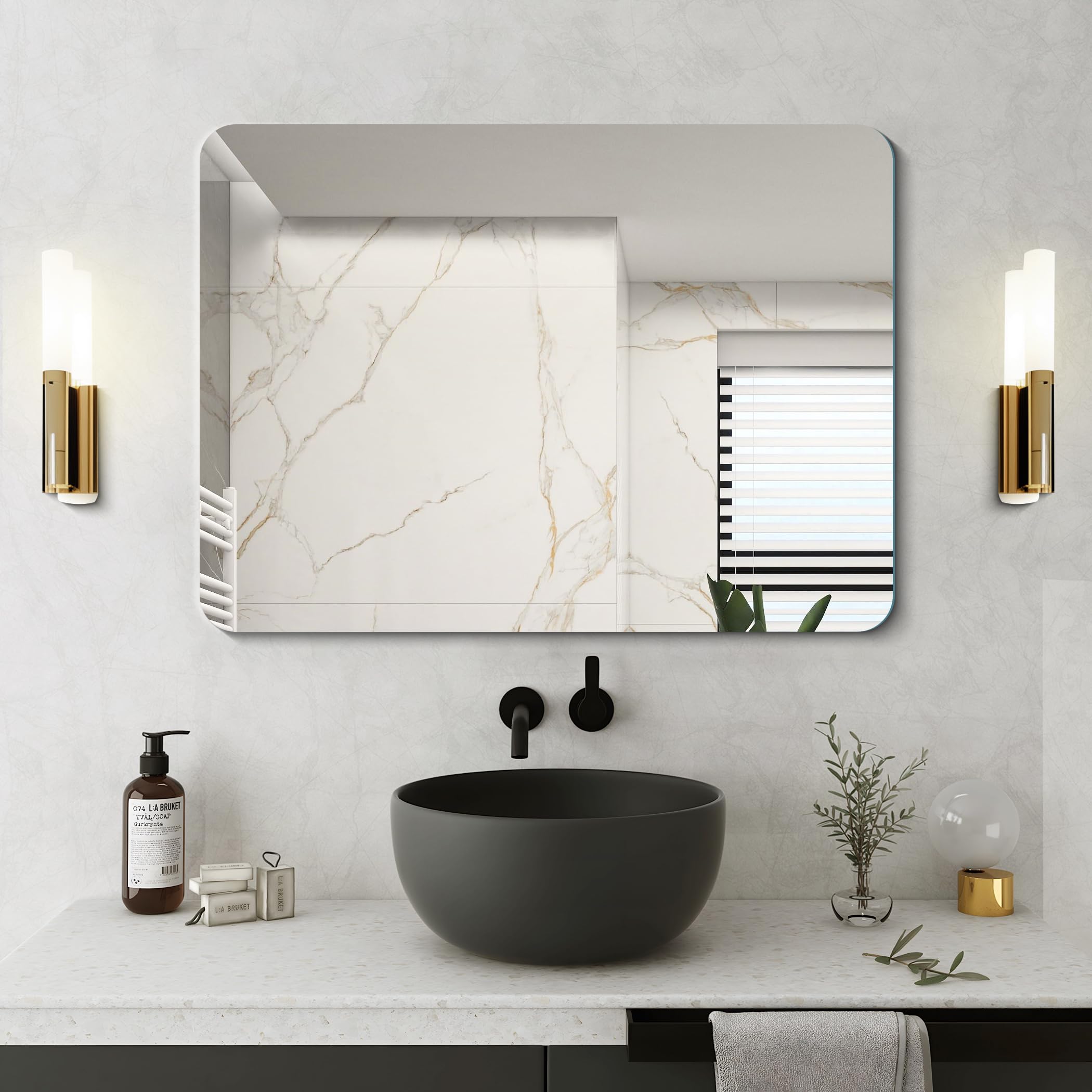 NIMURY Espejo de Pared Rectangular, 75x100 cm Espejo de Baño sin Marco con Esquinas Redondeadas, Espejo Rectangular para Baño, Dormitorio, Sala de Estar, Instalación Horizontal o Vertical