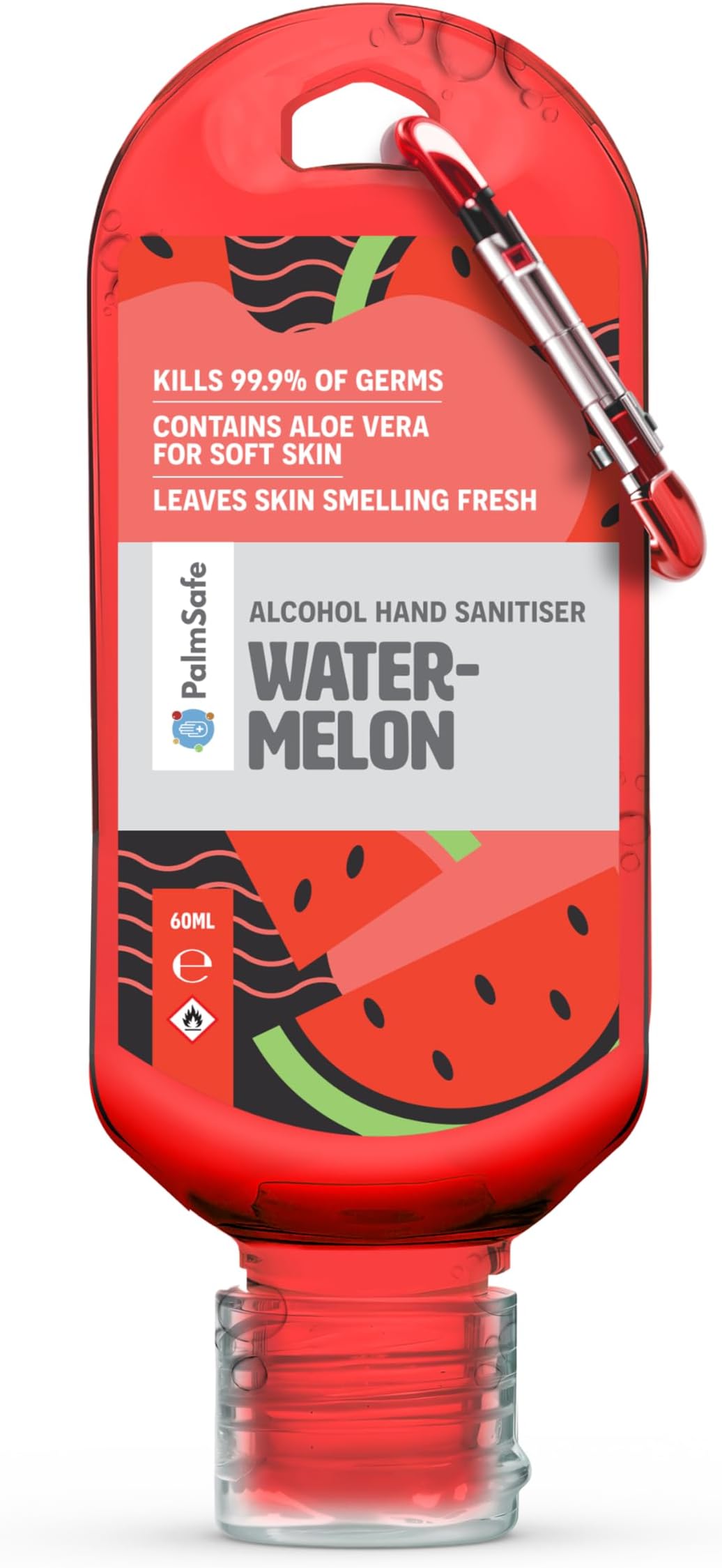 Watermelon 60ml Anti Bacterial Premium Hand Sanitiser Travel Size Refillable Clip Bottle Quick Drying Non Sticky Extra Moisturising Kills 99.9% of Viruses and Bacteria