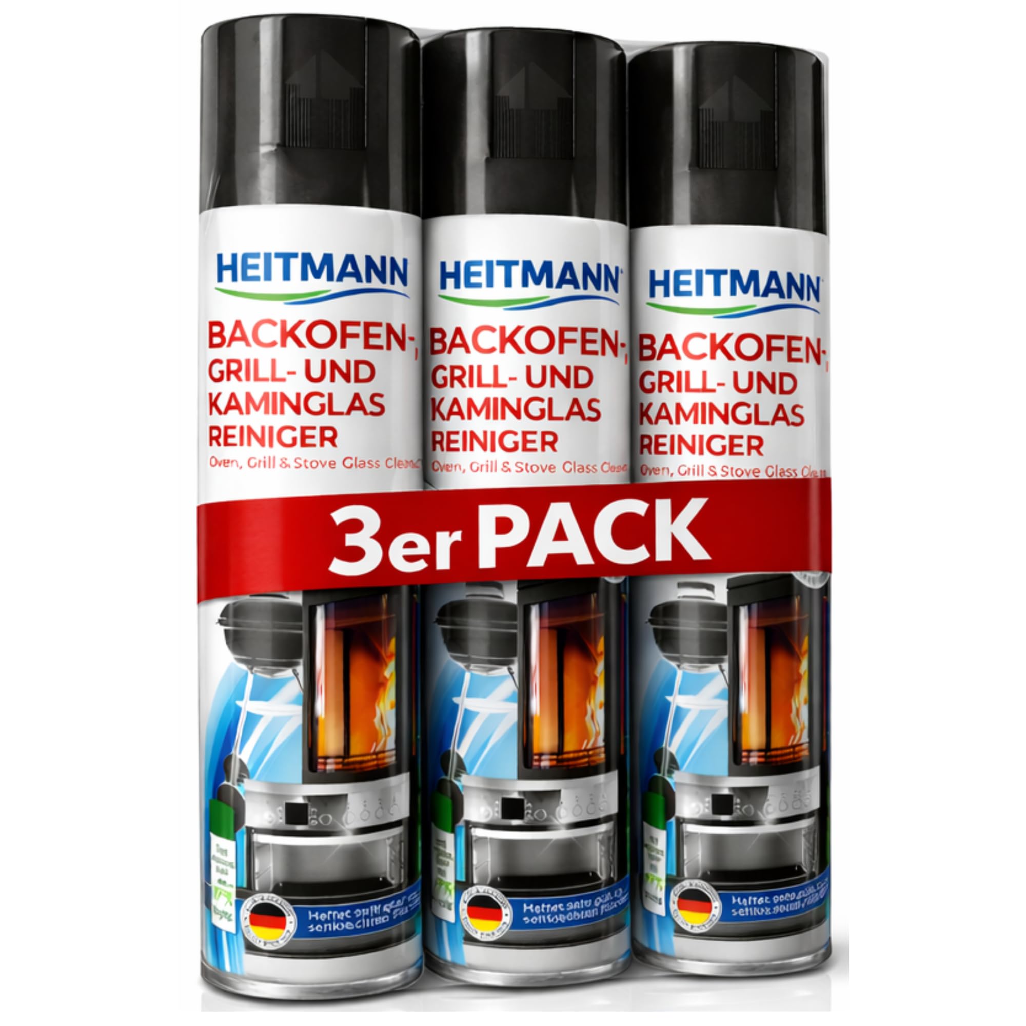 Heitmann, detergente per forno, barbecue e vetri del camino, schiuma attiva per lo sporco ostinato, detergente per camino, buona aderenza, confezione da 3