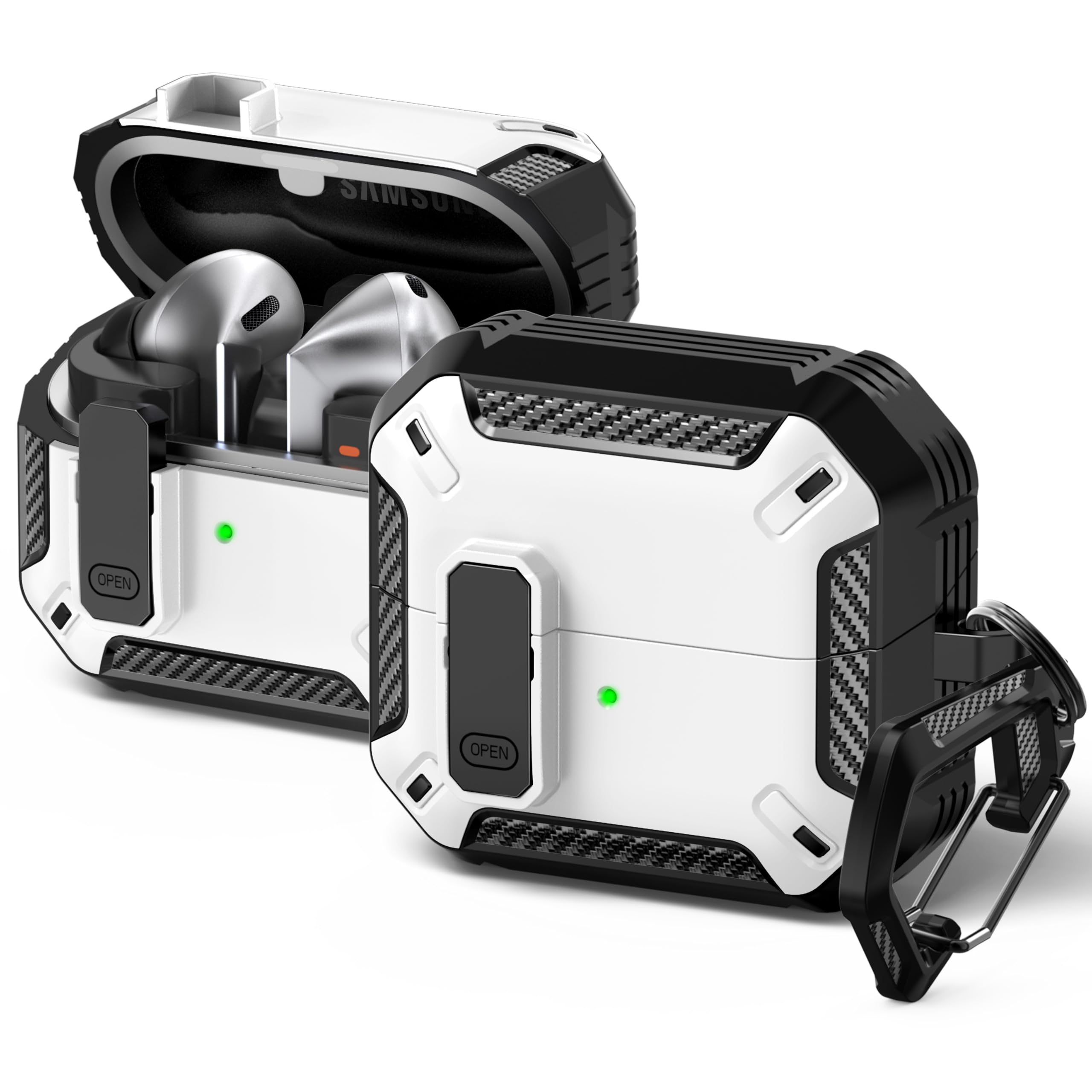 RFUNGUANGO Compatible with Samsung Galaxy Buds3/Galaxy Buds3 Pro (2024) with Locking Closure, Military Grade Drop Proof Headphone Case with Hiking Buckle and Cleaning Kit-A-White
