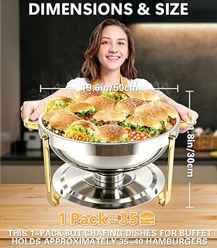 Beviliu 9 Litre Chafing Dish Buffet Set, 4 Pack 8QT Round Chafing Dishes & Food Warmers, Gold Chafing Dishe for Buffet, Stainless Steel Chafer for Catering Lid & Lid Holder, Food Warmers for Partie