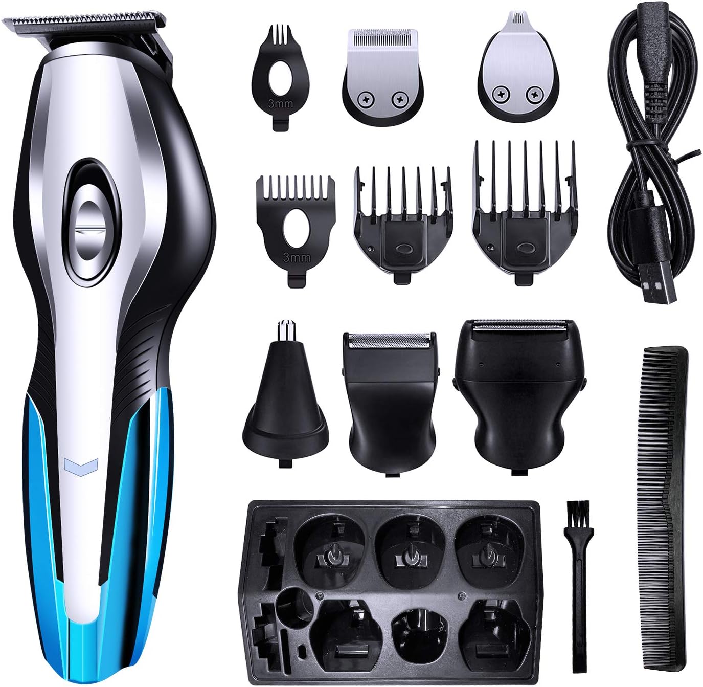 Action 11 in 1 Hair Clipper for Men, Beard Trimer Multi Grooming Kit for Beard and Hair with 4 Guide Combs & Nose Trimmer Attachment, Rechargeable & Rinseable