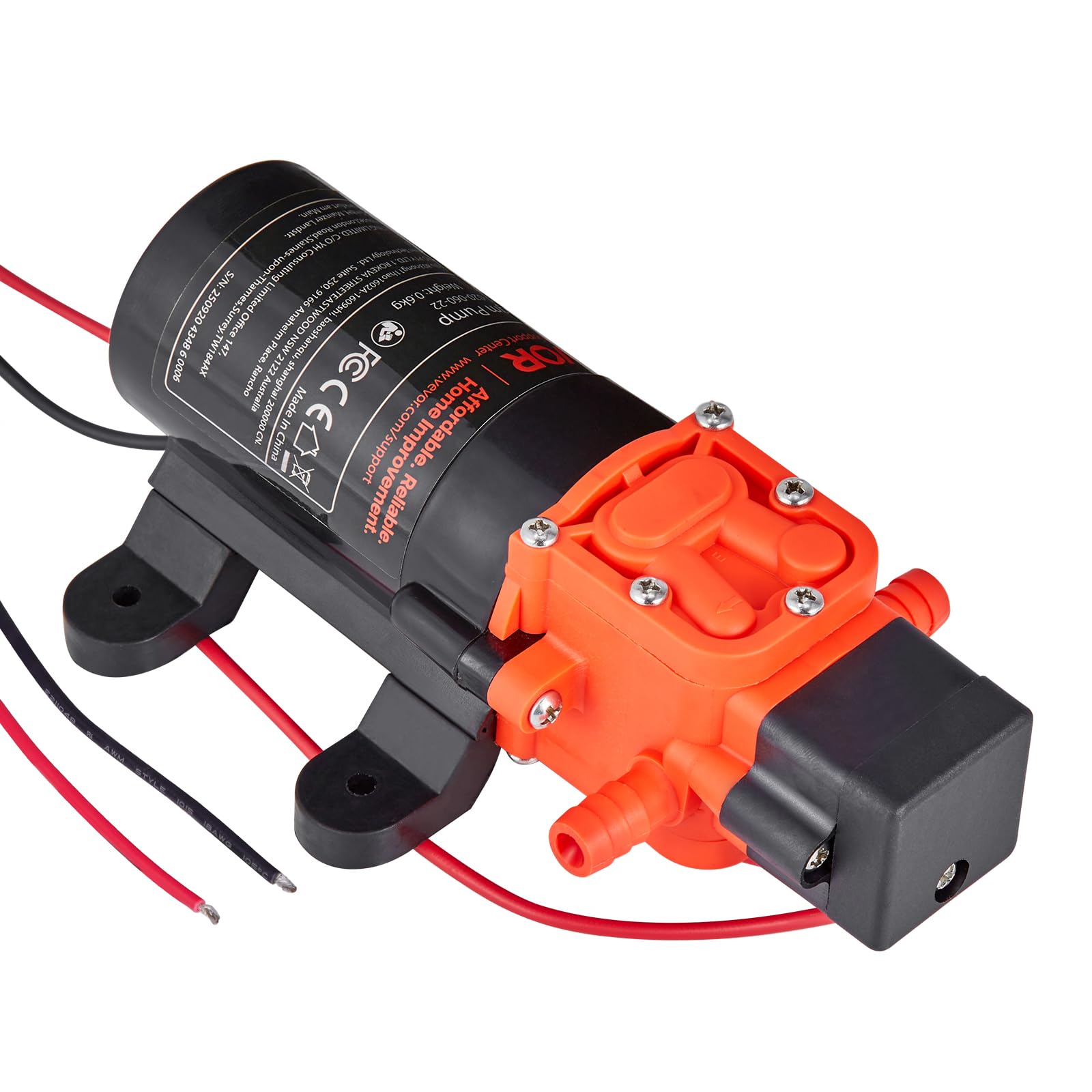 VEVOR Pompa a Membrana dell'Acqua per Camper 12 V CC 4,5 L/min, Pompa dell'Acqua a Membrana Autoadescante a 2 Camere Pressione max. 80 PSI, per Camper, Roulotte, Barche, Irrigazione Giardino