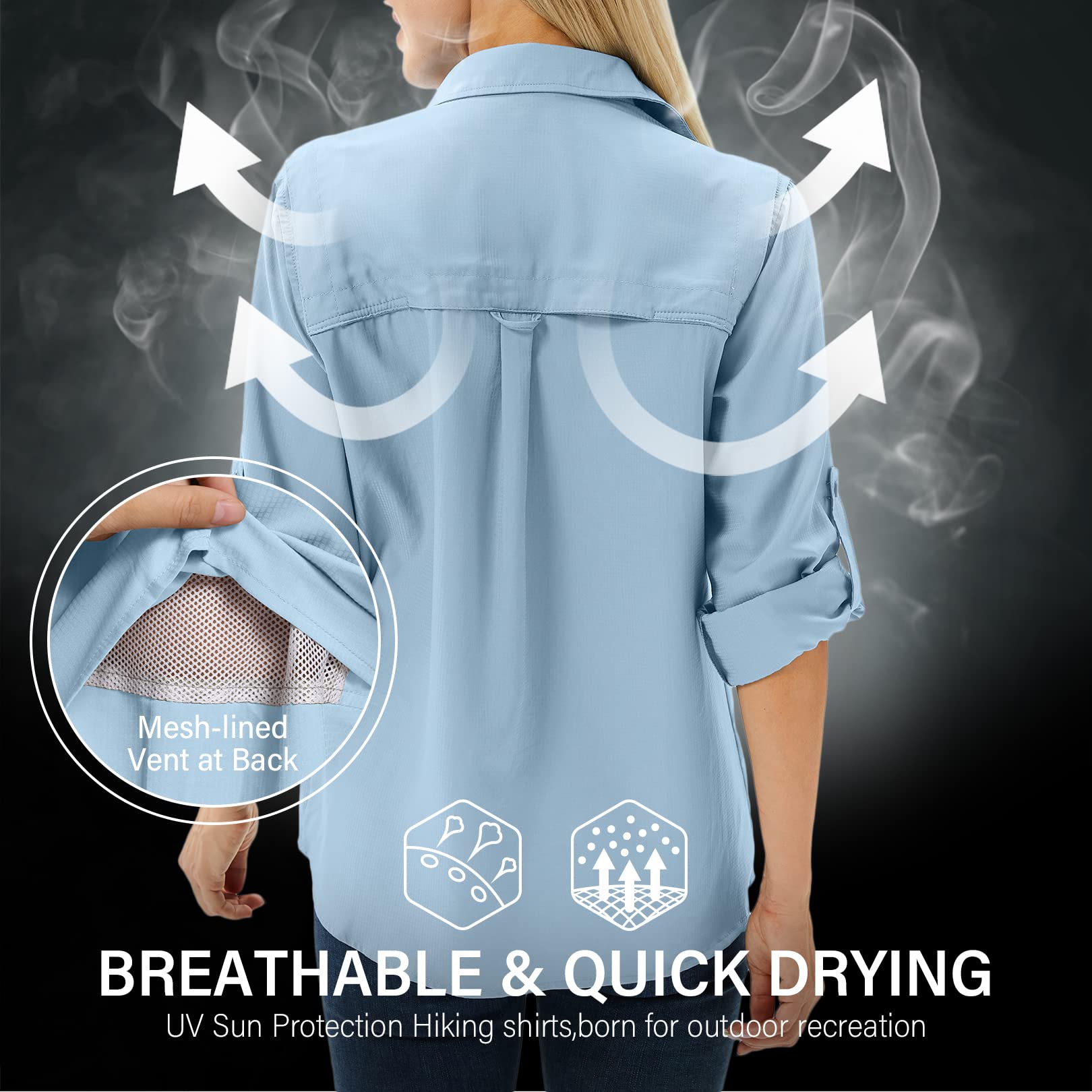 Camicia da donna UPF 50+, protezione solare, abbigliamento da donna, a maniche lunghe, traspirante, per attività all'aria aperta, Cool Quick Dry