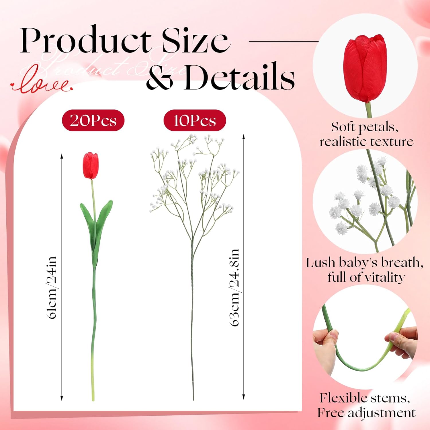 Hotop 30pcs 24 Inch Tulips Artificial Flowers Mother's Day Fake Tulip Fake Baby's Breath Flower Artificial Flower Decorations Bouquet for Home, Wedding, DIY Gift Party(Red, White)