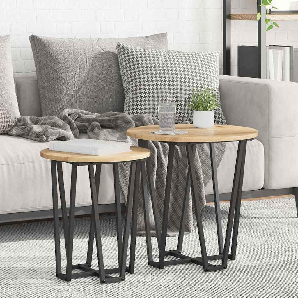 SXZenSpace Round Industrial Side Table Set 2 pcs, Engineered Wood & Metal, 50 40 cm Nesting Coffee Tables for Small Living Room, Bedroom and Hallway