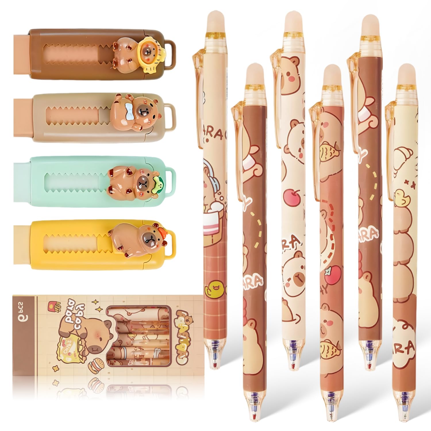 4 Gomas de Borrar Rretráctil Capibara 6 Boligrafos Borrable Azul Bolis Borrables Goma de Borrable Capybara Papeleria Set para estudiantes y adultos para la Escuela y Oficina(0,5 mm)