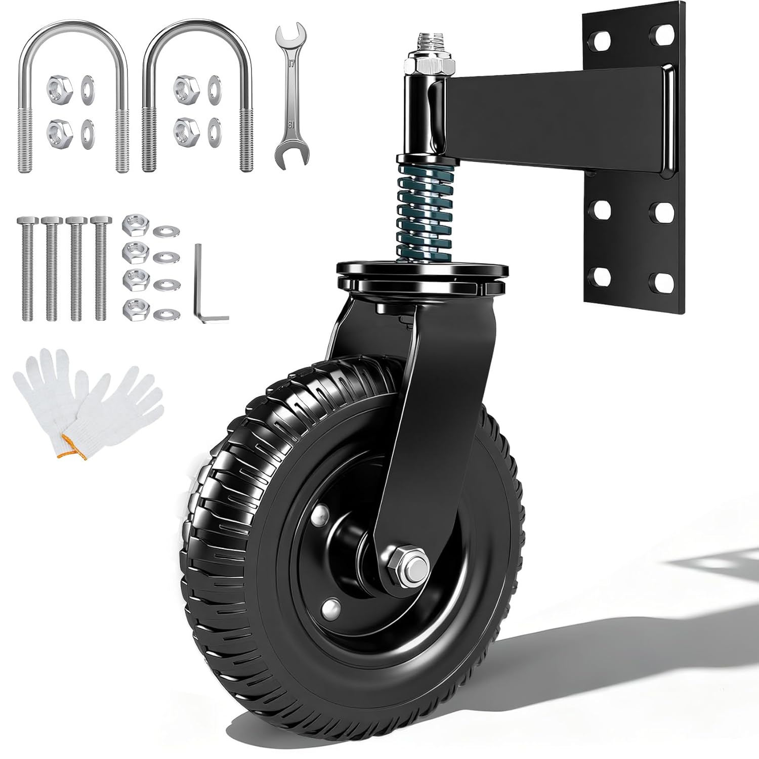8 inch Heavy Duty Gate Wheel, 600lbs Capacity Spring Loaded Caster with 360° Rotation, for Metal Tude Gates, Wooden Gates, Dual Mounting Options(Straight and U-Bolt)
