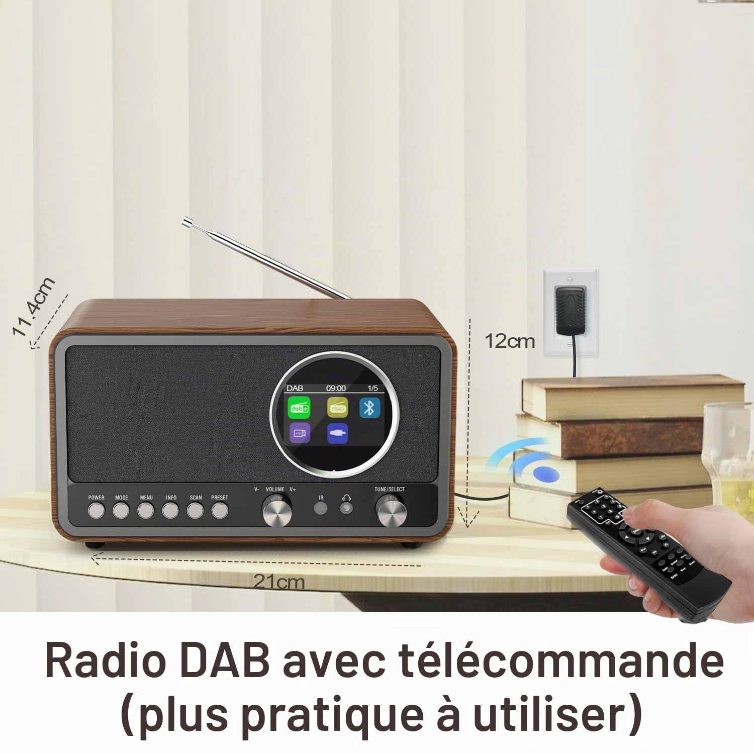 Monodeal radio portable (DAB+, FM, réveil, haut-parleur HiFi 5 W, prise casque, écran TFT, commande des touches), radio-réveil avec 60 préréglages