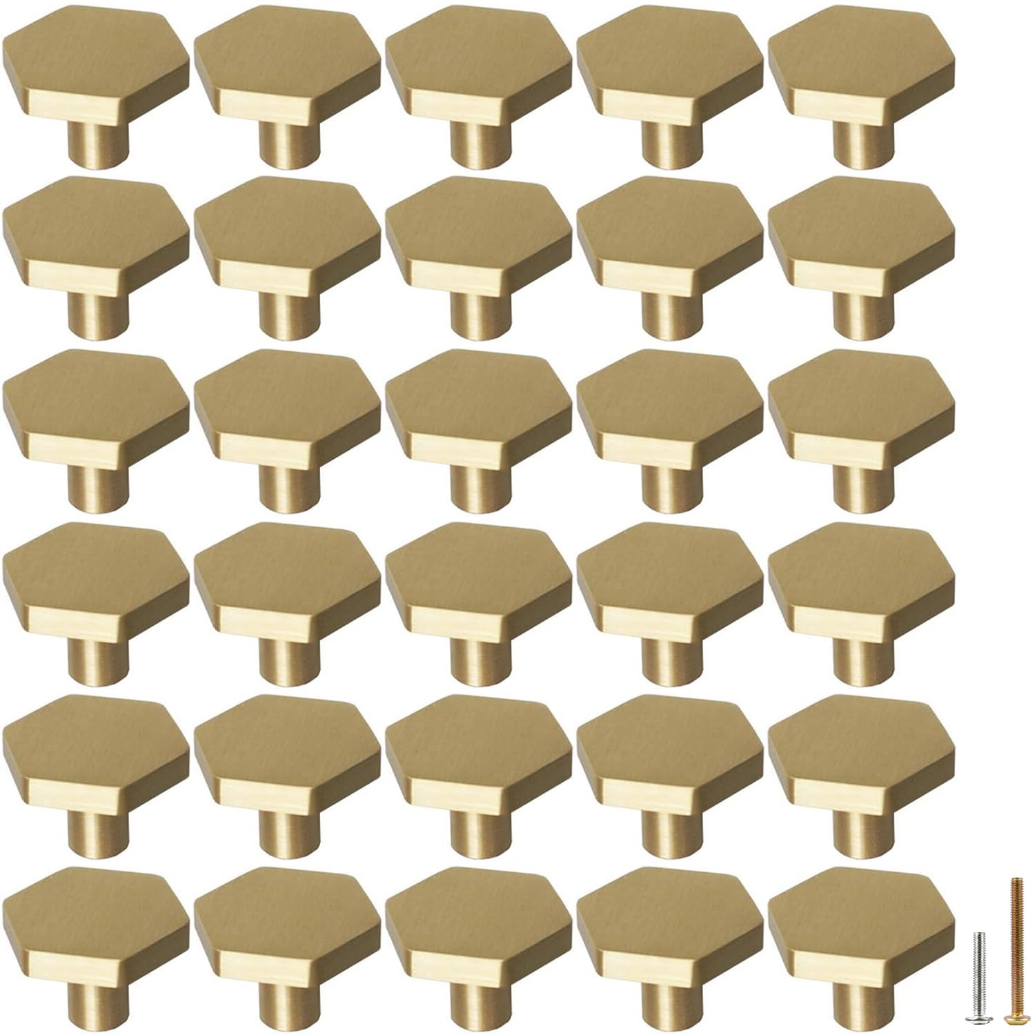 RZDEAL1-1/10" Solid Brass Knobs Shoe Cabinets Knob and Pulls Brushed Gold Hexagon Handles for Dresser Drawer (30Pcs)
