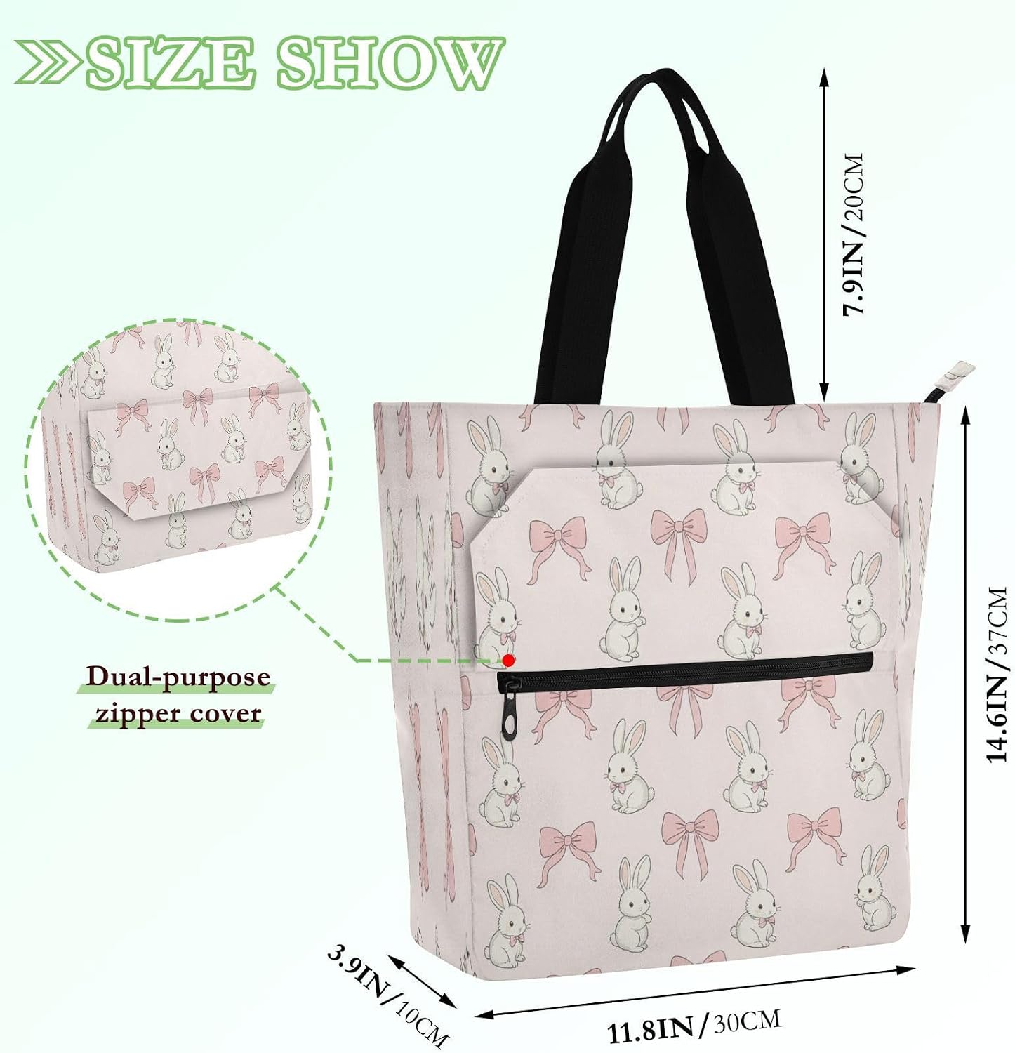 decorative Books Totes Book Bagfor Boys Girls Adults Pink Bow Rabbit Bunny Minimalist design Girls Resuable Shopping Bag Handbag with Zipperfor School Shopping Grocery