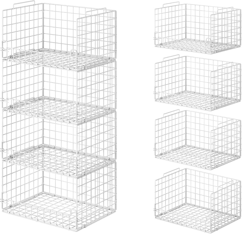 4-Tier Stackable Closet Organizers and Storage Basket - Foldable Closet Shelf Organizer System, Sturdy Metal Space-Saving Clothes Storage Bins for Wardrobe, White