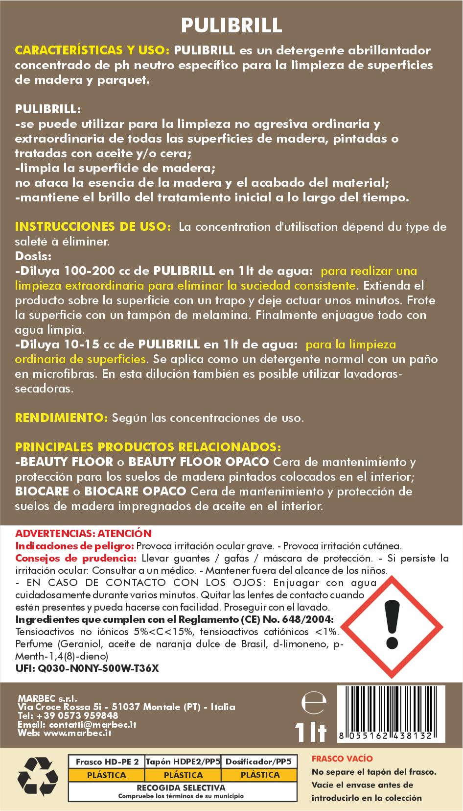 MARBEC PULIBRILL 1LTX6UDS Detergente concentrado específico para suelos de madera y parquet