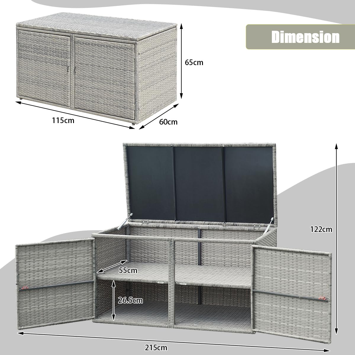 HOMASIS Baúl de exterior de ratán PE, cofre de almacenamiento de 2 niveles, banco de almacenamiento multiusos de exterior, 115 x 60 x 65 cm (Gris)