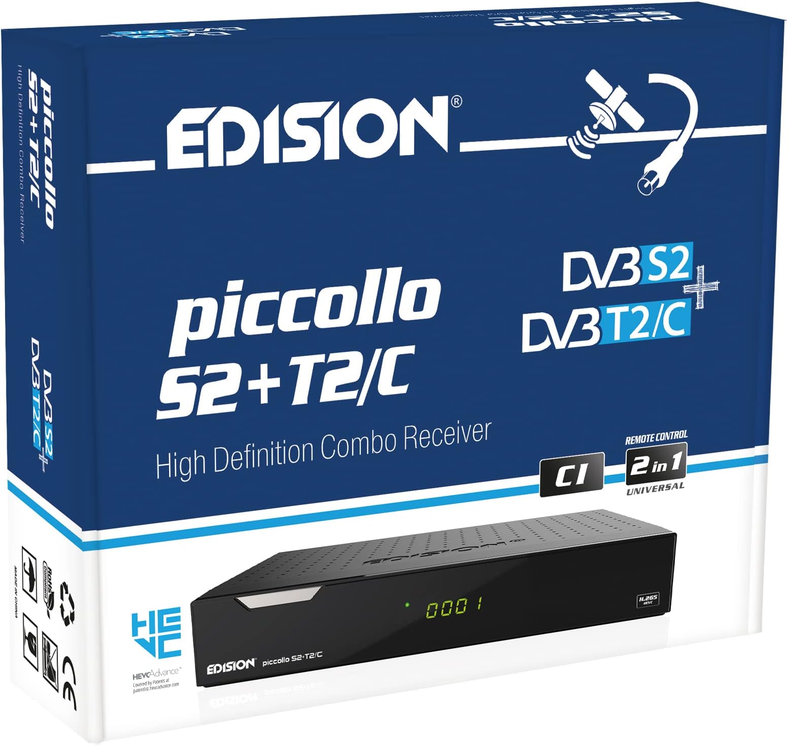 Edision PICCOLLO S2+T2/C Combo Receiver H.265/HEVC (DVB-S2, DVB-T2, DVB-C,) CI Full HD USB Black, Universal Remote Control 2 in 1