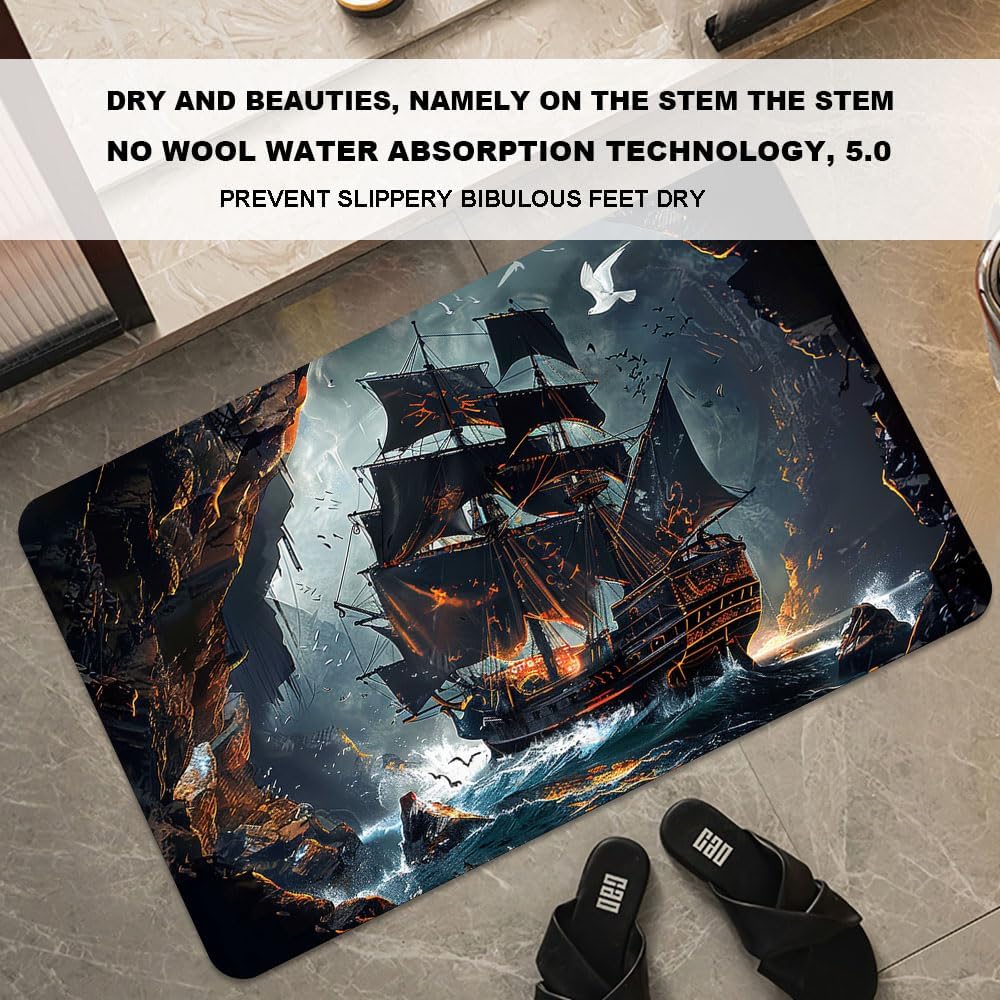 Bath Mat-Bathroom Rug，Dark Pirate Ship-Absorbent Non Slip Quick Dry Stain Resistant Easy to Clean Care Shower Rug for Bathtub Shower Room 16×24Inch (40 * 60cm)