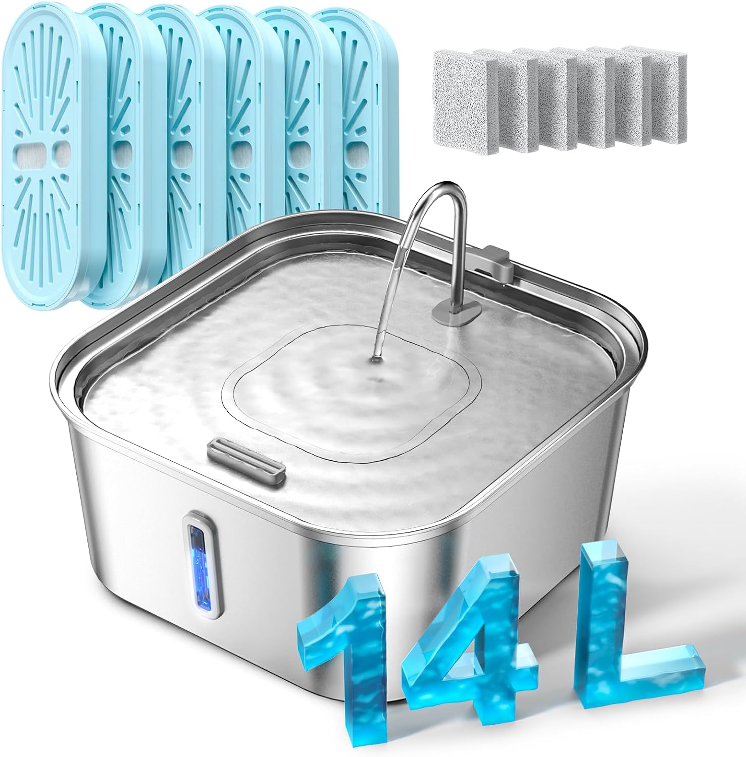 Large Dog Water Fountain 14L/3.7Gal, Stainless Steel Pet Fountain for Large Dogs and Multi-Pets Families, Visible Window & Extra Wide Drinking Area, Enlarges Capacity & Saves Space (with 7pcs Filters) thumbnail