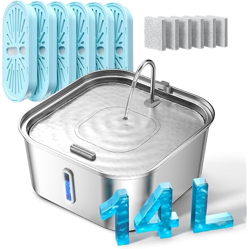 Large Dog Water Fountain 14L/3.7Gal, Stainless Steel Pet Fountain for Large Dogs and Multi-Pets Families, Visible Window & Extra Wide Drinking Area, Enlarges Capacity & Saves Space (with 7pcs Filters)