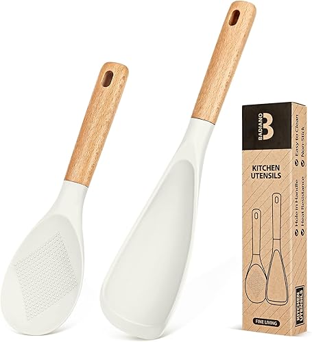 Cuchara de cocina y cuchara de arroz para utensilios de cocina antiadherentes, ideal para cocinar y servir, silicona blanca mate duradera sin BPA,