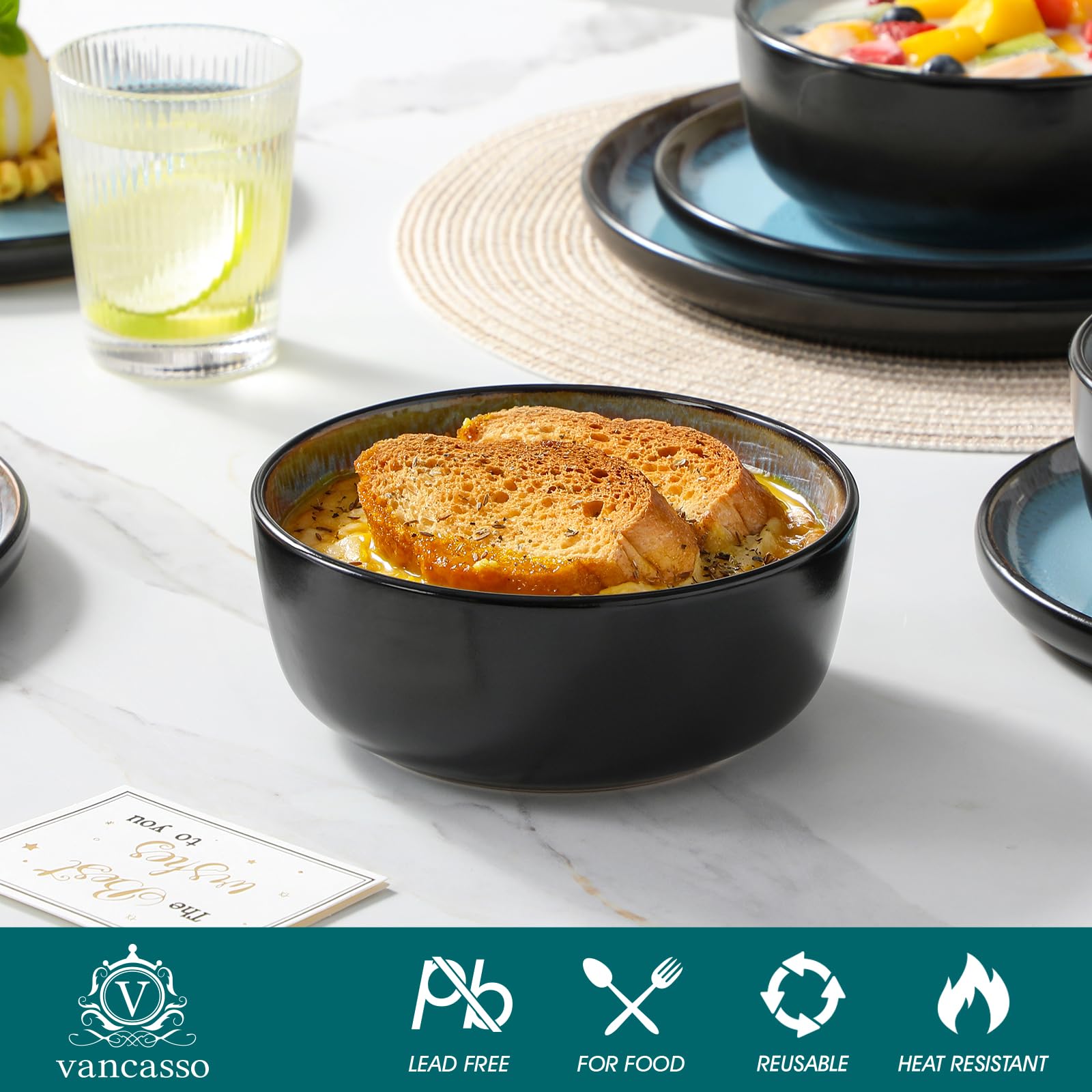 vancasso AMBER Juego de Vajilla Completo para 6 Personas, Plato Vajilla 24 Piezas de Gres - Platos Llanos, Platos de Postre, Ensaladeras y Cuencos - Apto para Lavavajillas, Esmalte Reactivo Azul