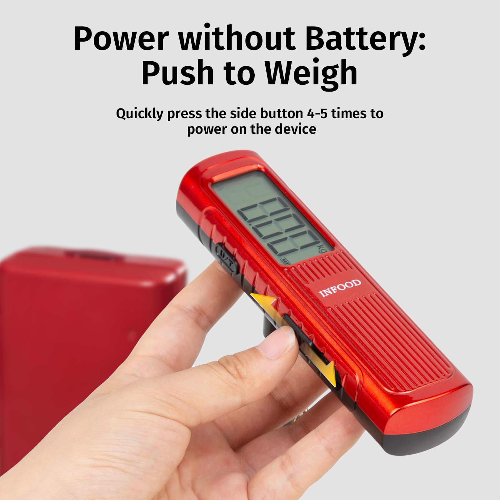 Infood Báscula digital de equipaje sin batería, báscula de peso de maleta con gancho y pantalla LCD para viajes, capacidad de 110 libras/50 kg, color rojo