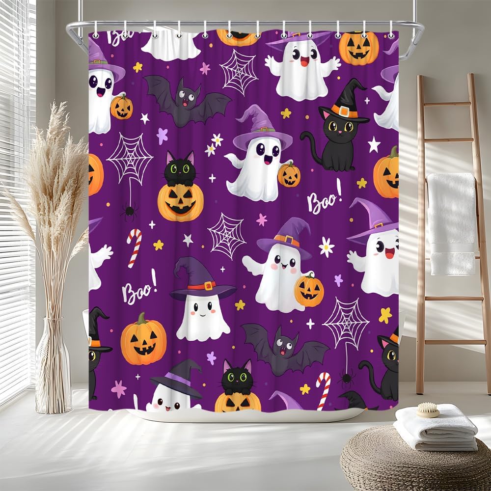Halloween Shower Curtain Cute Ghost Spooky Pumpkin, 70W x 70L image 5