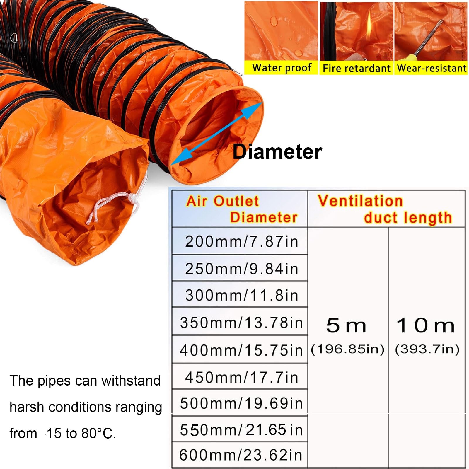 Tubo Flessibile Condotto In PVC, Tubo Di Ventilazione Diametro 250 300 500 600mm, 5/ 10M Tubo Di Scarico Leggero Retrattile, Per Aerazione,Soffiatore,L'Essiccatore,Ventola Di Ventilazione(D 35 x L 500