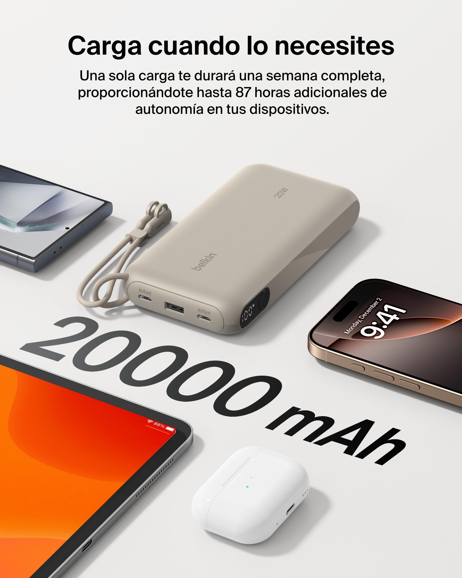 Belkin BoostCharge Batería Externa 20000 mAh con Pantalla Digital - Arena | Power Bank de 20000 mAh, 2 Puertos USB-C y 1 USB-A, 20 W, Apta como Equipaje de Mano, Precargada y Cable USB-C Extraíble
