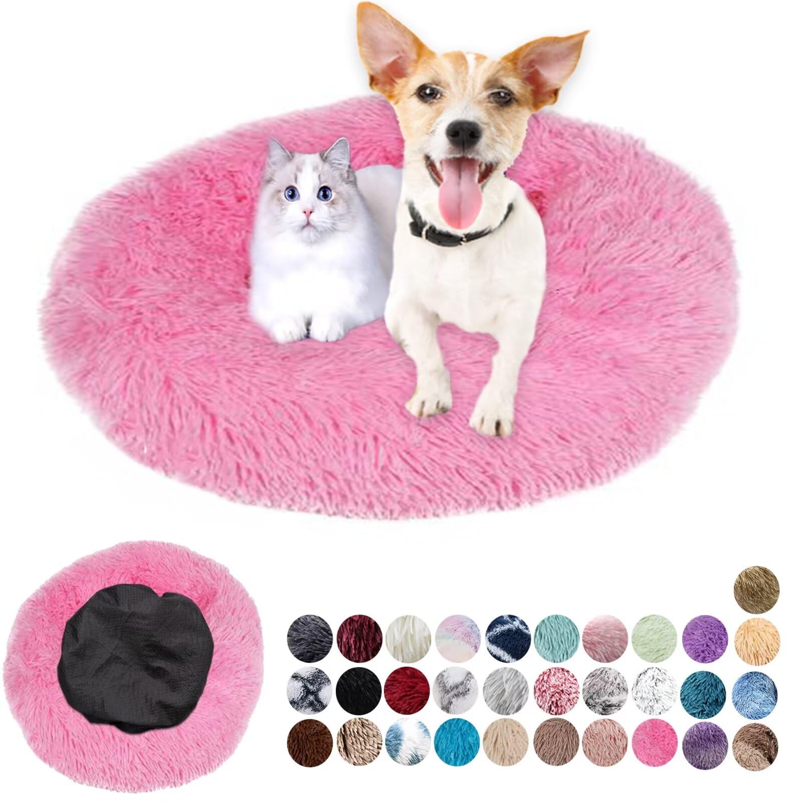 Soft Fluffy Round Dog House - Calming Pet Bed, Plush Anti-Anxiety, Anti-Slip, Easily Washable, Improving Sleep, Warm, Small Medium Large, Light Pink, 60cm