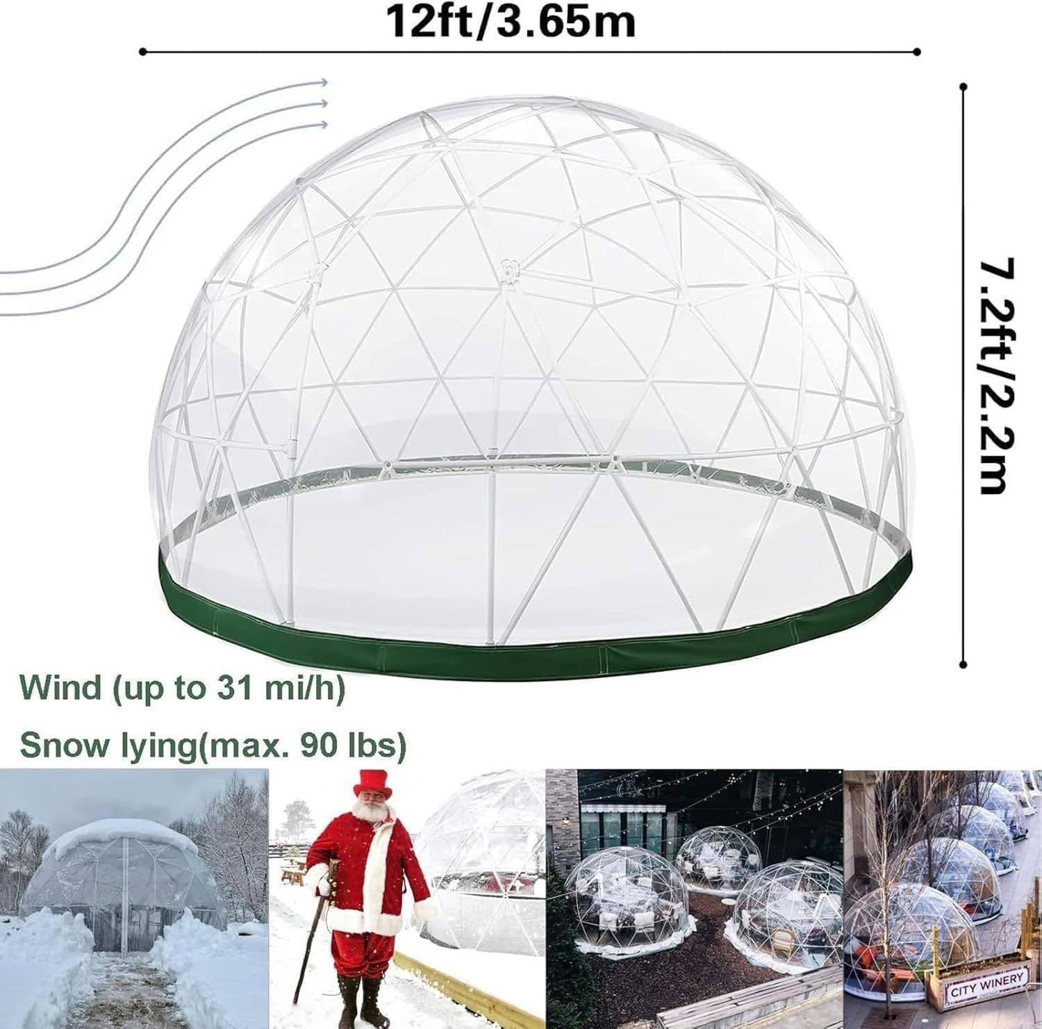 Szklarnia Ogrodowa, Kopuła Igloo, 3,6 X 2,2 M, Namiot Kopułowy, Odporny Na Warunki Atmosferyczne, Pomieści Od 8 Do 10 Osób, Przezroczysty Pokrowiec, System Geodezyjny