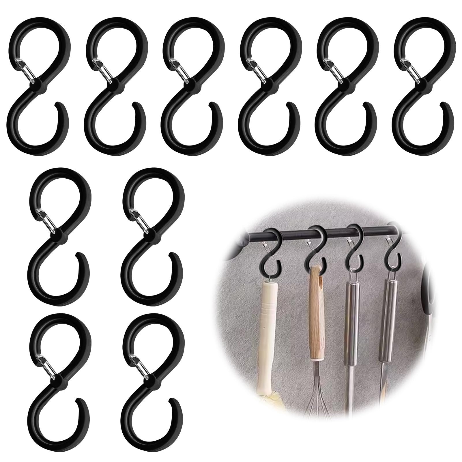 10pcs Large S Hooks for Hanging Heavy Duty, Black S Hook with Safety Buckle Pragmatic S Shaped Hanging Hooks Suitable Diameter up to 3.2cm for Kitchen Bathroom Bedroom Utensils Clothes Towels(9.2cm) - Image 2