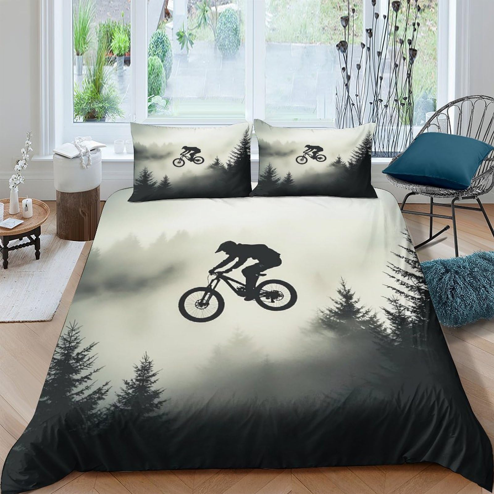 Ctjqhvkz Style-5 3D Printed Mountain Forest Fitted Sheet Microfiber Silhouette Cyclist Mattress Cover For Bedroom Dorm Decor Single（135X200cm）