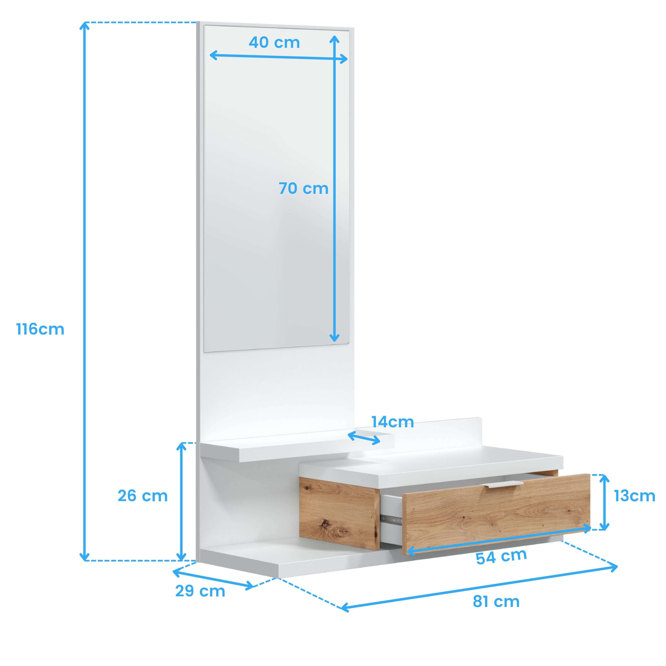 Habitdesign – Mueble Recibidor con Cajón, Espejo y 2 Baldas, Mueble de Entrada, Color Blanco Artik y Roble Nodi, 81x116x29 cm - Modelo Dahlia