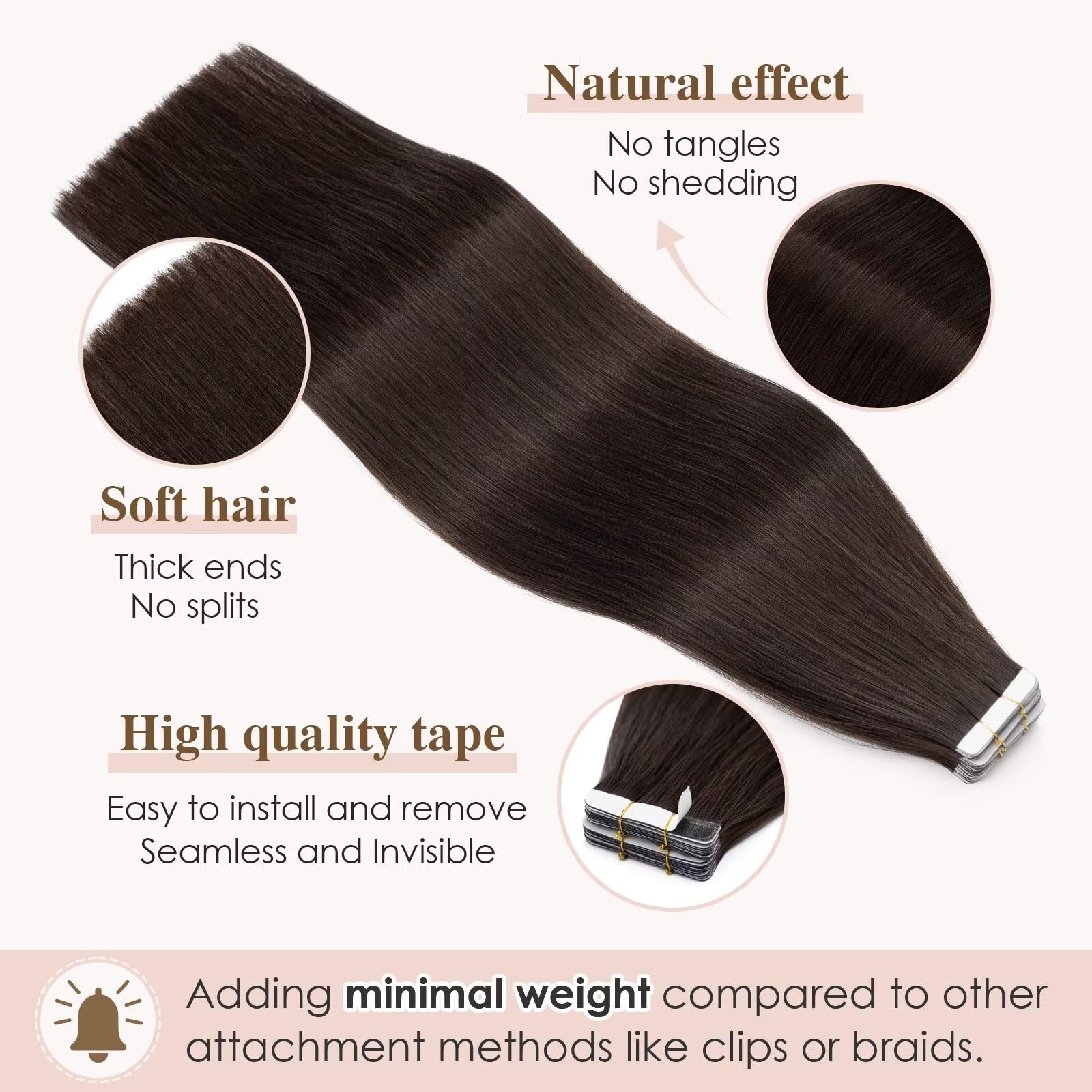 TESS Tape Extensions Echthaar 80g Dunkelbraun 40 pcs Remy Human Hair Echthaar Extensions Tape 35 cm Tape-Haarverlängerungen Glattes (35 cm-#2 Dunkelbraun)