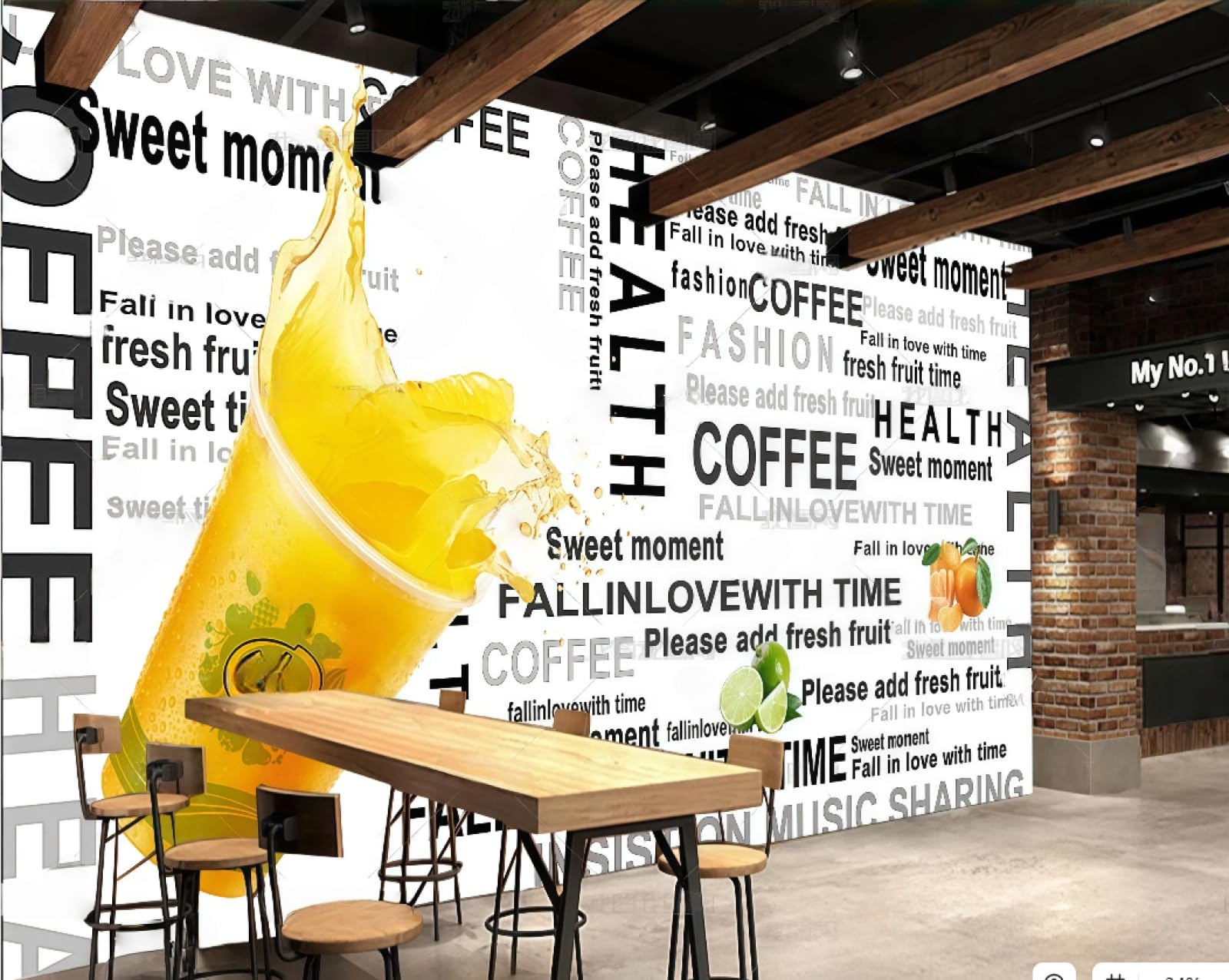 Xdoubao 3D Wallpaper Fashion Hand-Painted English Letters Juice Drink Shop Dessert Bread Coffee Shop Background Mural Western Restaurant Wallpaper,,430X300cm