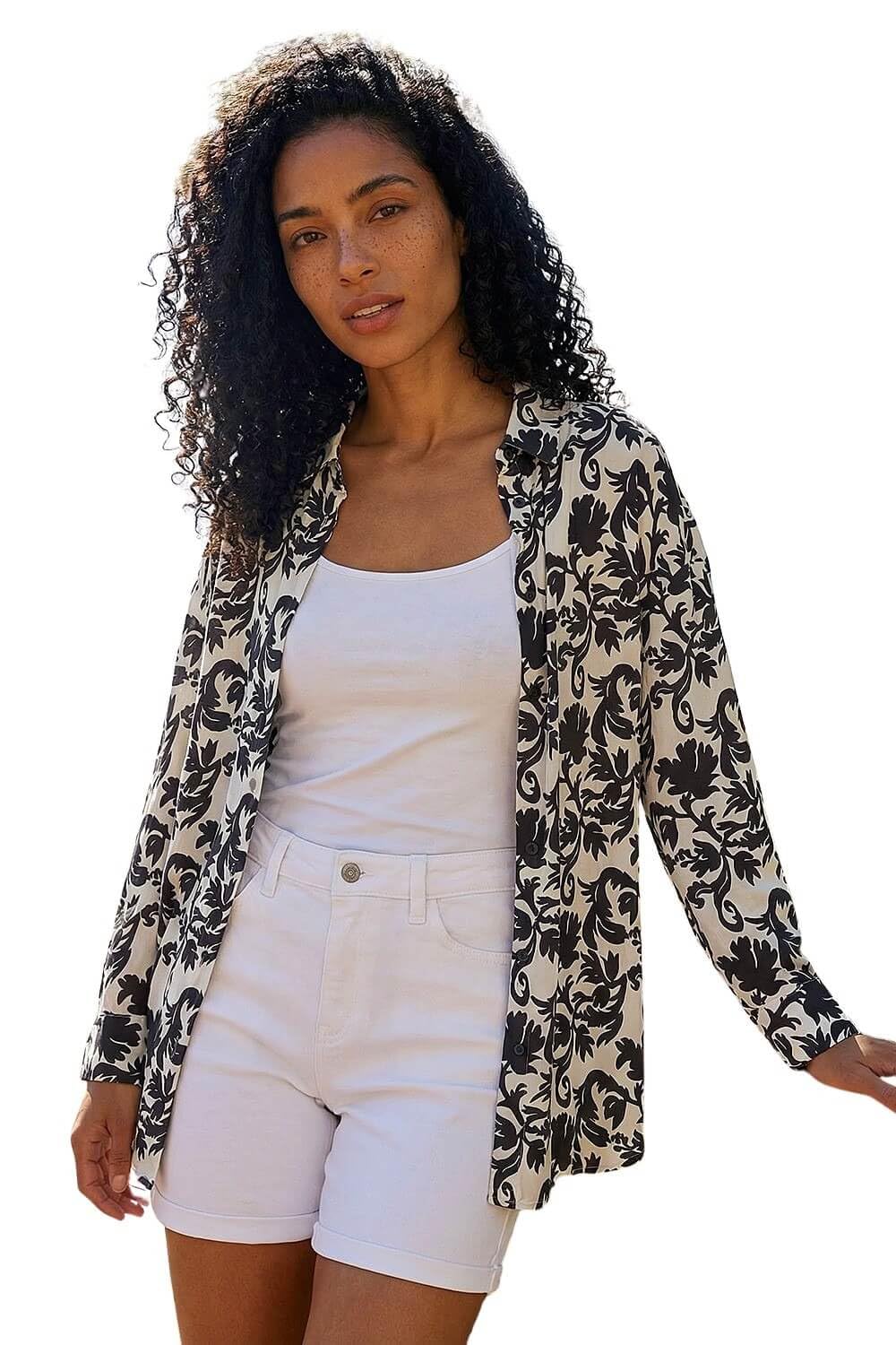 Roman Shirt for Women Ladies Cotton Blouse Button Through Tunic Printed Top Work Long Sleeve Smart Casual Going Out Work Office V Neck Everyday Evening Event - Noir Floral - Size 16
