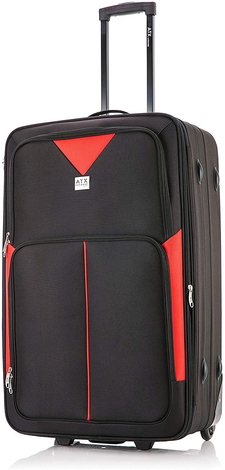 ATX Luggage Est. 199126” Medium Suitcase Expandable Durable Lightweight Suitcase with 2 Wheels & Built-in 3 Digit Combination Lock (Black/Red, 79 Liter)