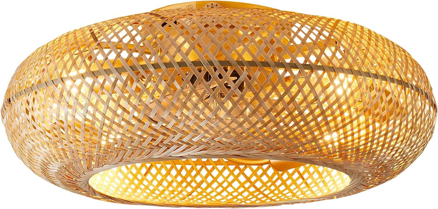 Ventilateur de Plafond Rétro E27 avec Lumière et Télécommande Silencieux Tissage Bambou Rotin Naturel pour Salon Chambre