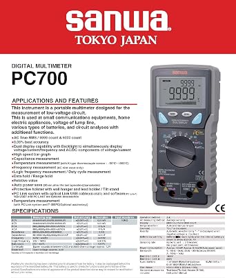 Japan SANWA PC700 Advanced Intelligent Digital Multimeter Voltmeter Hz Ohm NCV Capacitance Resistance Tester DMM Full Overload Protection for PC Communication(PC700)
