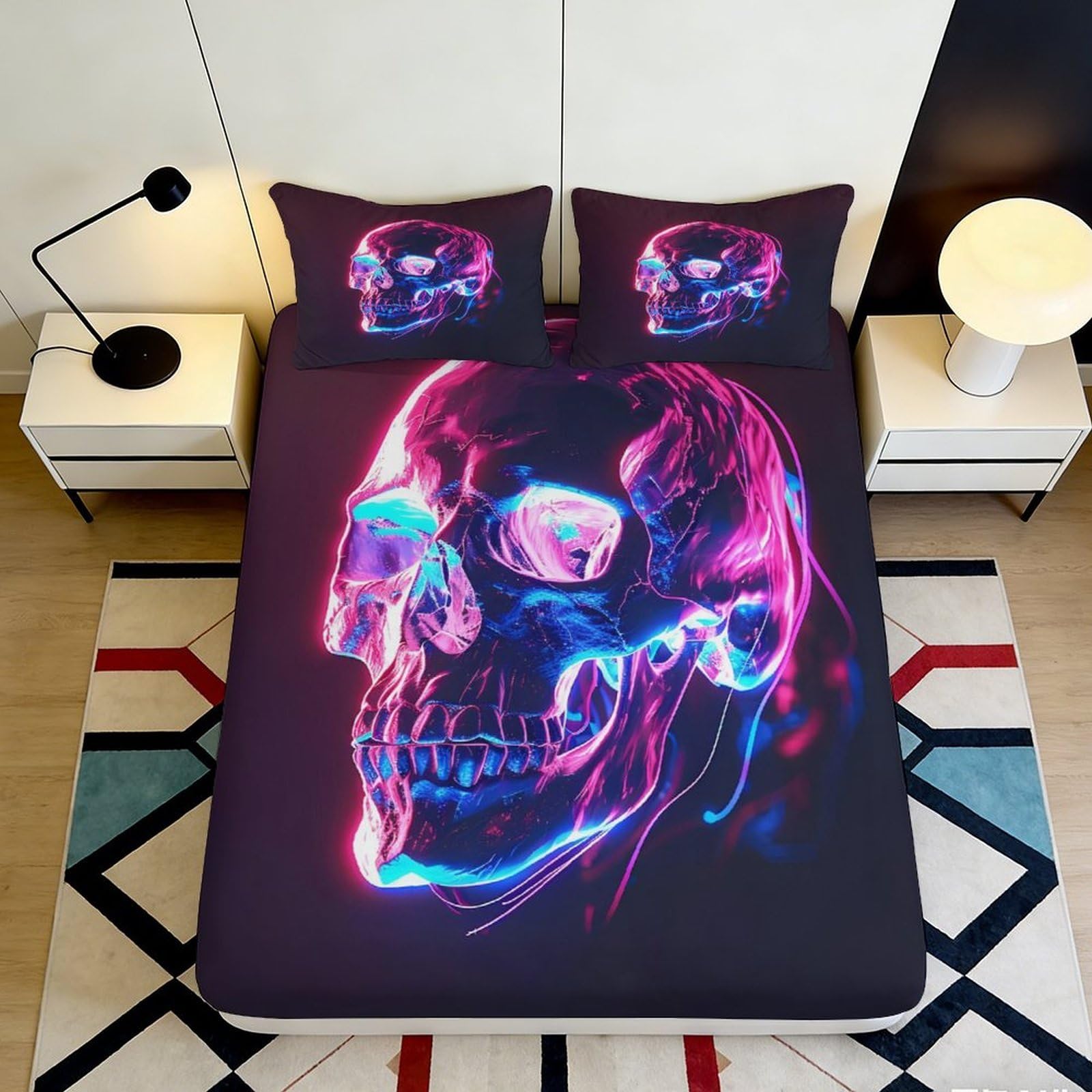3D Printed Neon Skull Fitted Sheet Microfiber Soft Breathable Glowing Skull Bed Cover for Bedroom Dormitory Guest Room Mattress Protection 200x200x25cm