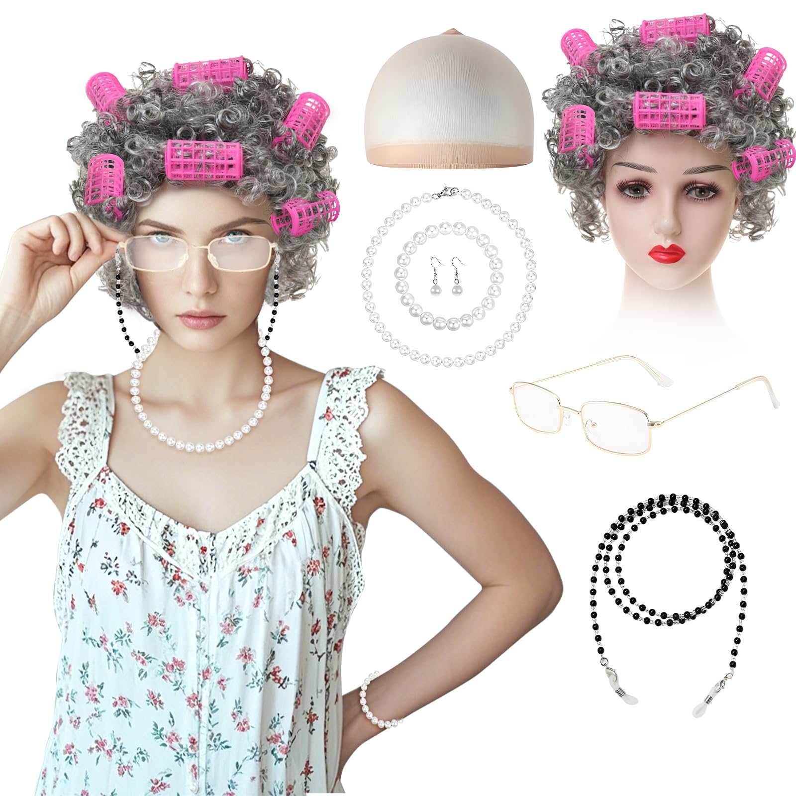 Déguisement de Grand-Mère 3 Pièces Vieille Dame Costume Accessoires Ensemble de Costumes de Vieille Dame Lunettes Perruque Collier pour Cosplay Déguisement de Grand-Mère 3 Pièces Vieille Dame Costume Accessoires Ensemble de Costumes de Vieille Dame Lunettes Perruque Collier pour Cosplay