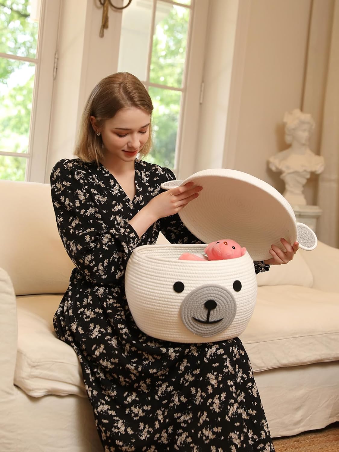 Cottonphant Handcrafted Animal Inspired Basket with Lid, White Bear, 15"x12"